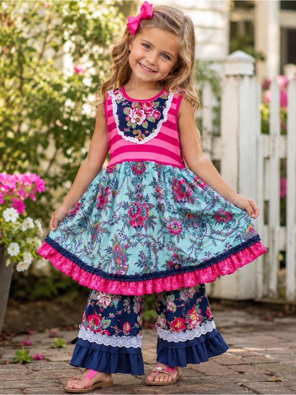 Giggle Moon Pink & Blue Floral Ruffle 2-piece Set Size 10